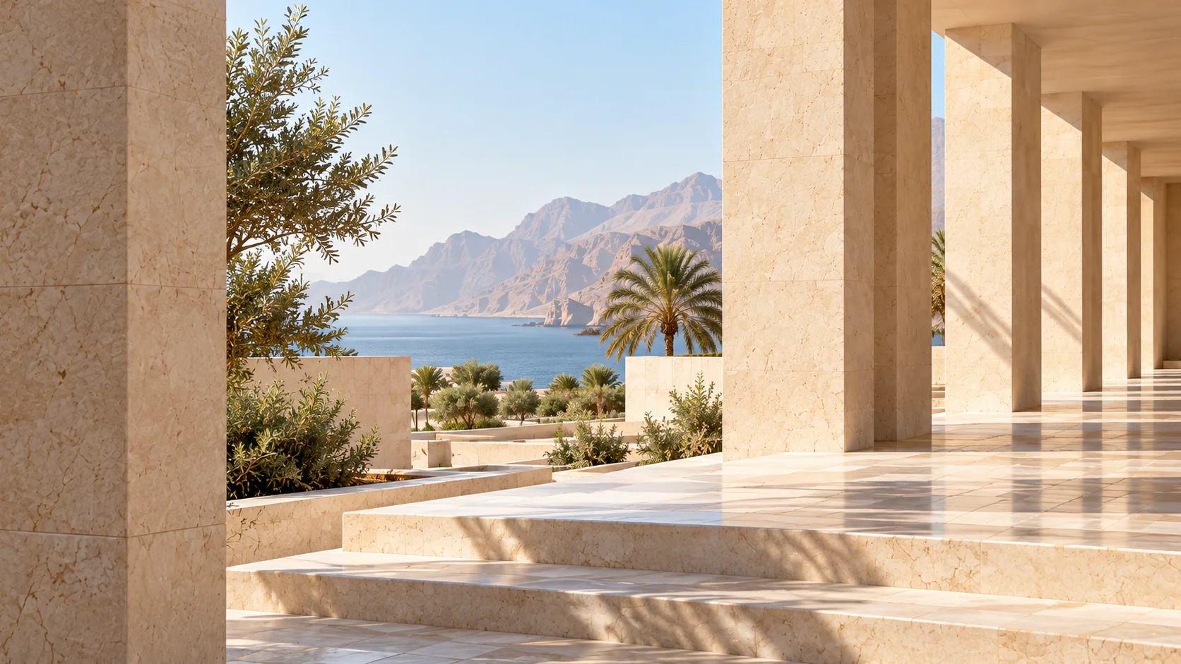 Warm limestone colonnades overlooking the sea and mountains in Muscat